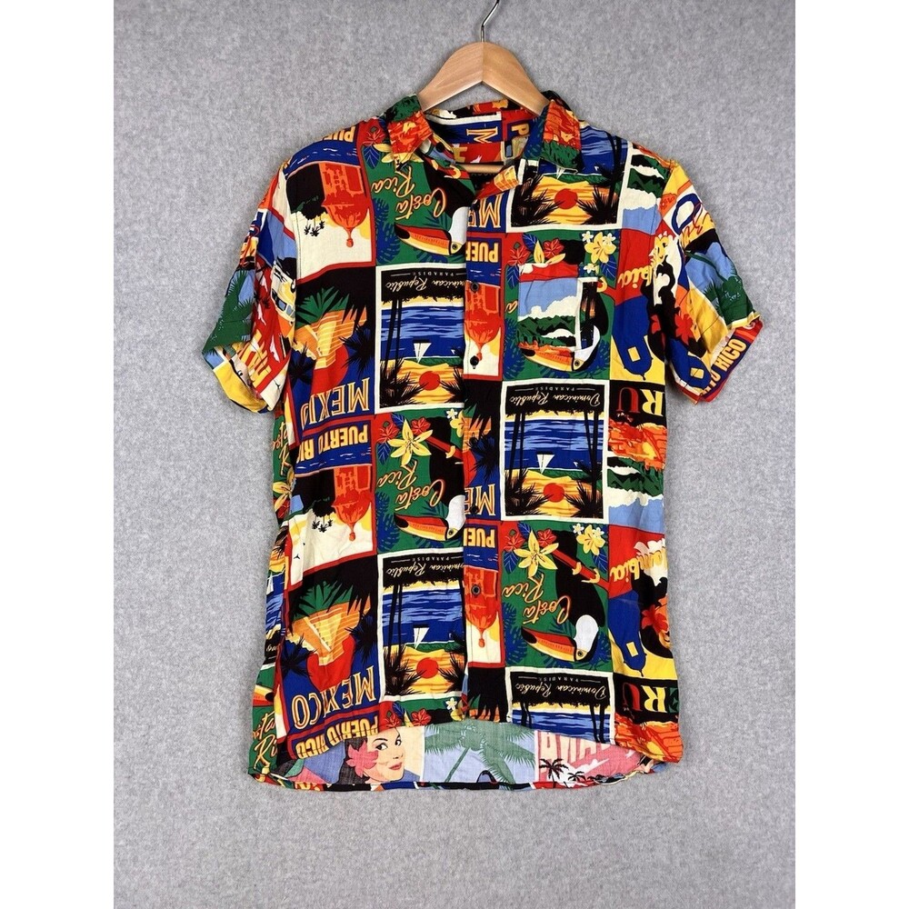 Reason Shirt Mens Large Viscose Multi Count Island Color Block Hawáin Button-Up
